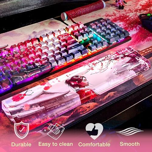 GUNMJO Acrylic Keyboard Wrist Rest, Cherry Blossom, for TKL Computer Keyboard and Mechanical Keyboard, Comfortable, Ergonomic for Easy Typing, 14x3 inches/18mm Thick