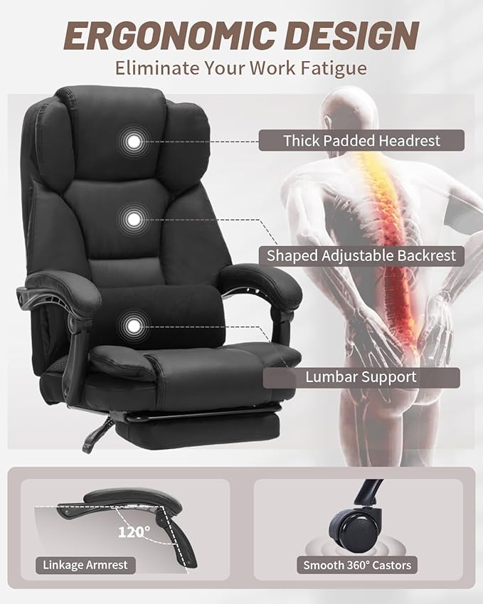 600lbs Office Chair with Footrest, Executive Chair with Padded Armrests, Reclining Desk Chair with Lumbar Support, High Back Leather Chair for Heavy People
