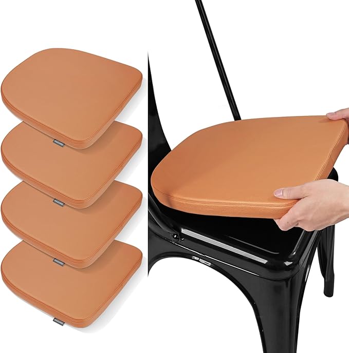 SINOSSO Modern Faux Leather 14" Metal Chair Cushions Set of 4, Leathaire Magnetic Chair Pads for Dining Kitchen Cafe Bistro Stackable Chairs (U-Shape, Orange, 4)