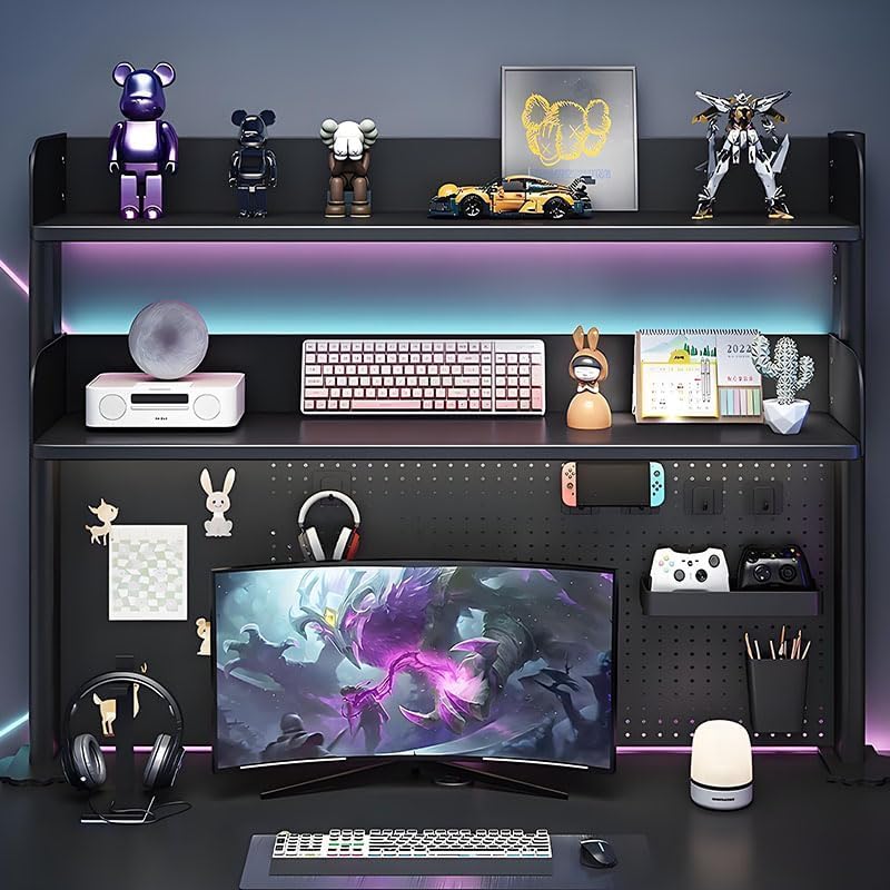 Clamp On Desk Pegboard Shelf - Metal Desktop Organizer Hutch with 2 Shelves