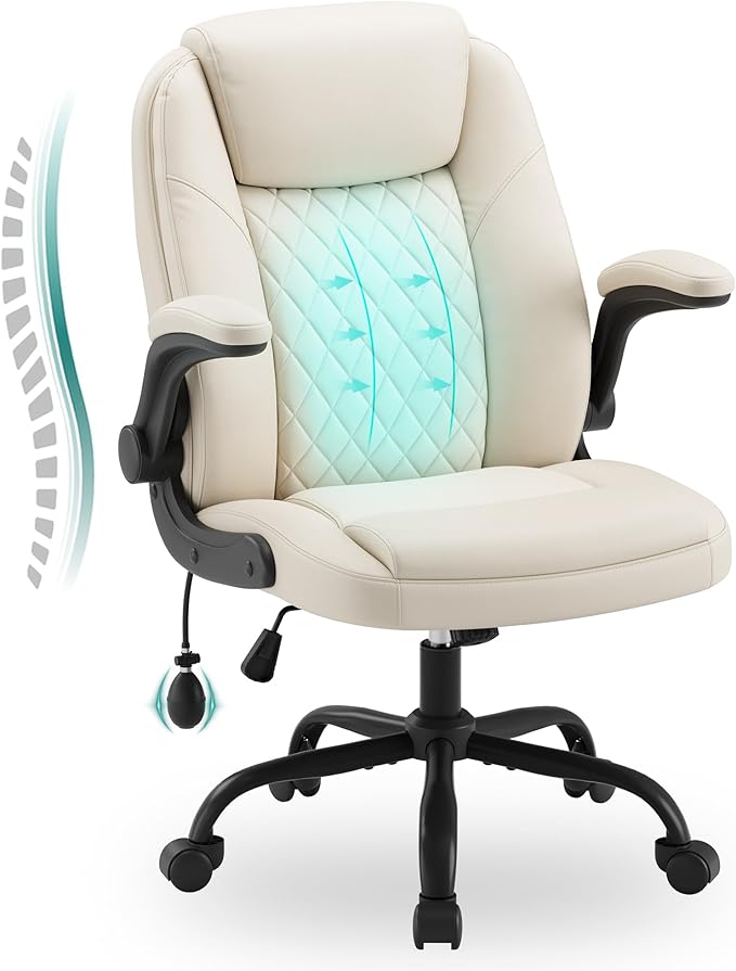 MALOL Leather Office Chair, Home Desk Chair with Adjustable Lumbar Support, Thick Cushion, Flip-Up Arms and Ergonomic Back, Comfy Executive Office Chair for Home Office,Beige