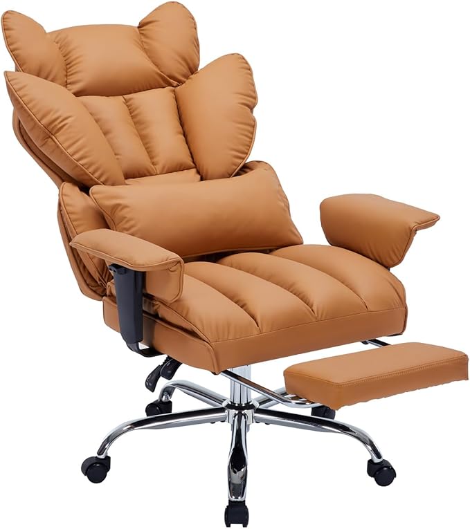 Garvee Big and Tall Office Chair, Executive Leather Office Chair with Footrest, 400lbs Ergonomic Gaming Chair for Adults, Wide Seat Computer Desk Chair with Lumbar Support, 150 Degree Reclining, Brown
