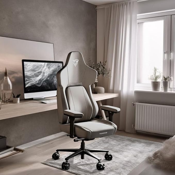 THUNDERX3 CORE Gaming Chair, for Adults Ergonomic Office Chair, High Back Desk Chair, Synchronous Tilt, Forward Tilt, 360° Self-adjusting Lumbar Support, Multipurpose Footrest, Fabric, Loft Light Grey