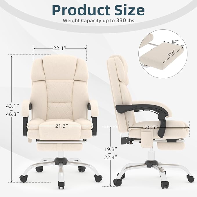 HOMREST 6-Point Massage Office Chair with Heat, Ergonomic Reclining Desk Chair with Footrest, Soft Chenille Fabric Executive Chairs for Home Office, Comfortable Computer Chair Gift for Women, Beige
