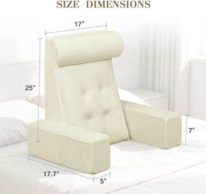 Bed Pillow for Sitting Up, Dual-Layer Memory Foam Reading Pillow for Bed Adult with Adjustable Headrest & Detachable Arms for Relaxing, Beige