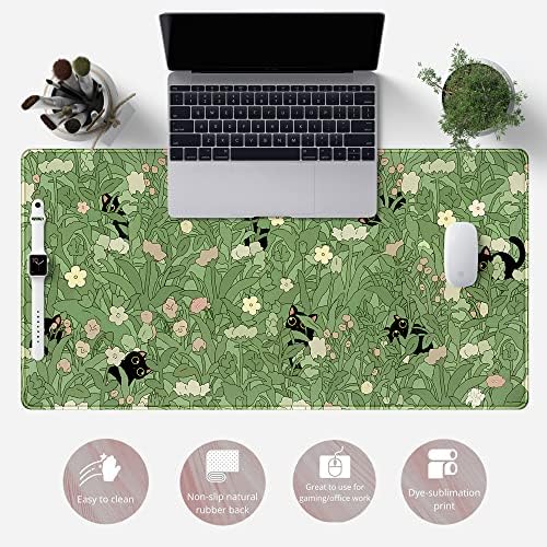YKJWW Green Desk Mat Cat Cute Flower Plant Cool Desk Pad XXL Keyboard Mat
