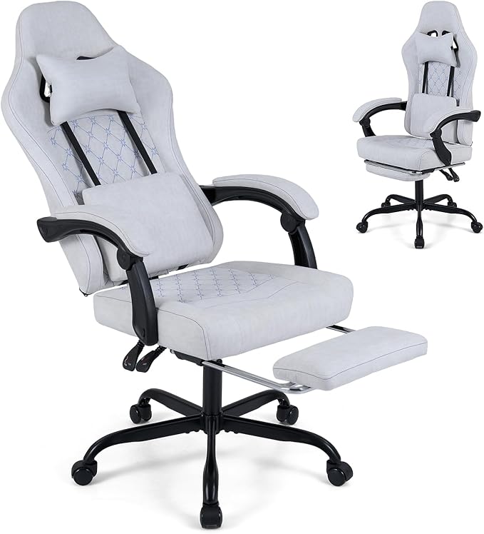 Goplus Gaming Chair, Ergonomic Office Chair with Foot Rest, Lumbar Support, Linkage Armrests, Detachable Headrest, 360°Swivel Computer Chair w/Adjustable Backrest & Height, 330 lbs Capacity (Grey)