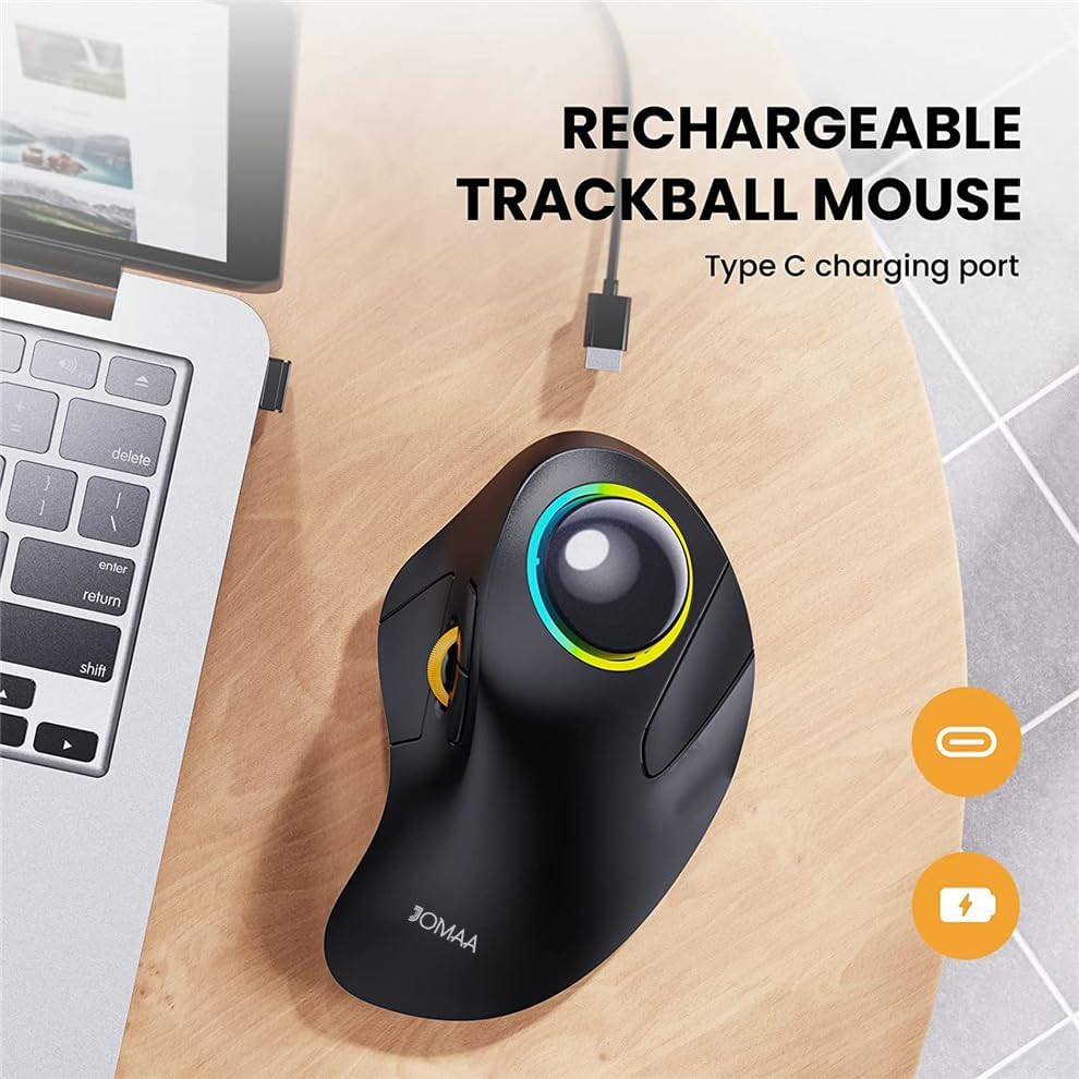 JOMAA Wireless Bluetooth Computer Trackball Mouse with RGB Backlight,Finger Control, 3 Device Switch, Silent Rechargeable Ergonomic Drawing Office Mouse for Laptop, Desktop Computer, Tablet Phone