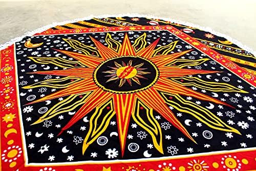Round Beach Tapestry Turquoise Mandala Throw/Boho Hippie Beach Blanket Roundie/Indian Cotton Bohemian Large Round Table Cloth-Home Decor/Yoga Mat Meditation Picnic Rug (42", Yellow)
