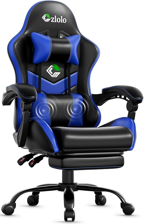Czlolo Gaming Chair with Footrest Racing Style Lumbar Support Massager Video Game Chair with Metal Legs, High Back Gamer Chair with Headrest, 360° Swivel Office Computer Desk Chair, Bright Blue