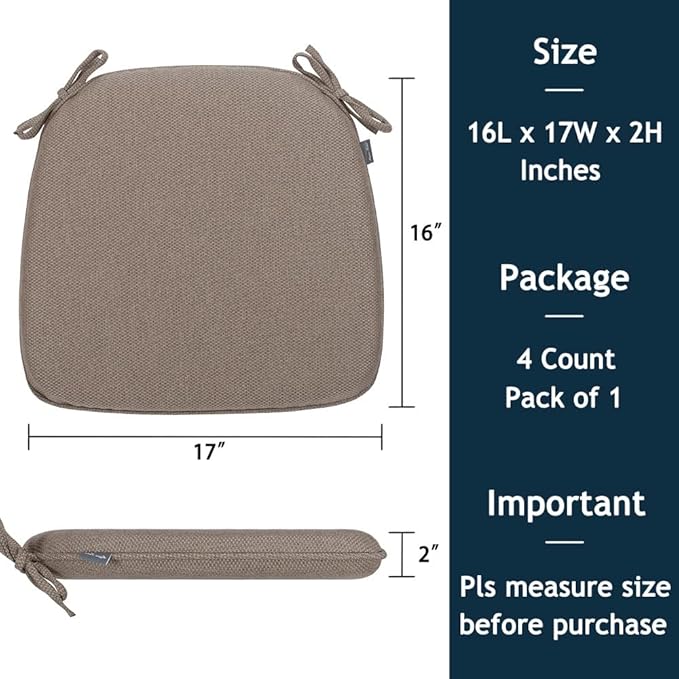 Magpie Fabrics 17"x16"x2" U-Shape Chair Cushions with Ties 4 Count, Outdoor Indoor Waterproof All Weather Seat Pads Decoration for Patio Garden Dining Office - Brown