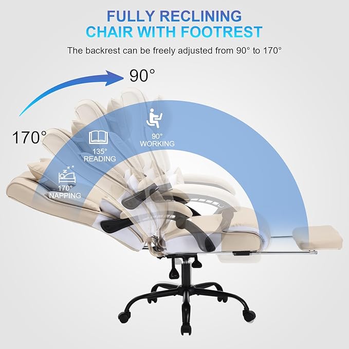 Fully Reclining Office Chair with Foot Rest, Ergonomic Executive Office Desk Chair with Lumbar Support and Headrest, 170° Reclining Recliner High Back Home Leather Computer Chair, Beige