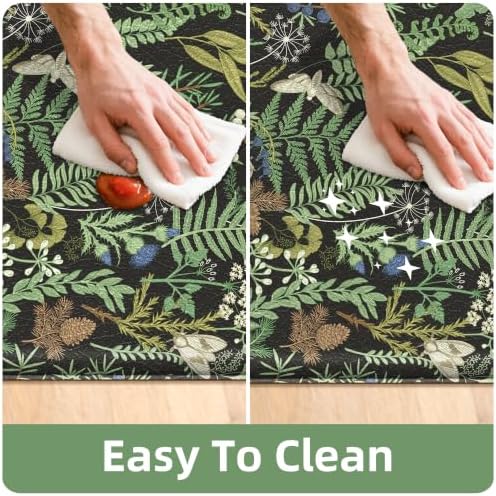 2PC Botanical Kitchen Rugs Set, Black Green, 17.3"x28" + 17.3"x59"