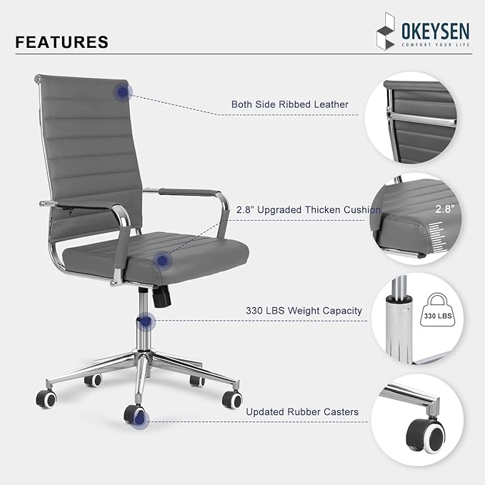 Okeysen Ergonomic Office Desk Chair, Modern PU Leather Conference Room Table Chairs Ribbed, High Back Executive Swivel Rolling Chair for Home, Office (Grey-Ribbed)