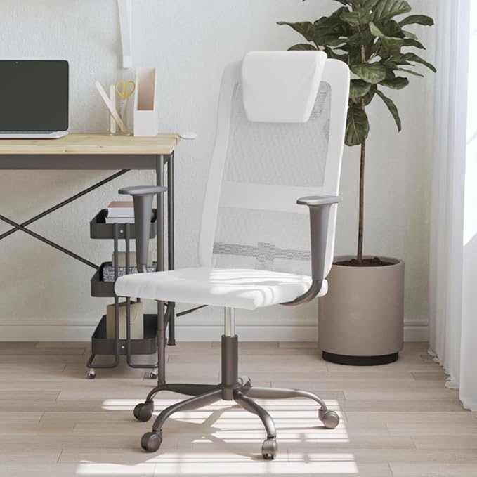 White Office Chair with Height Adjustment and 360-Degree Swivel, Breathable Mesh Back and Faux Leather Seat Cushion for Comfort, Ergonomic Support for Home Office or Living