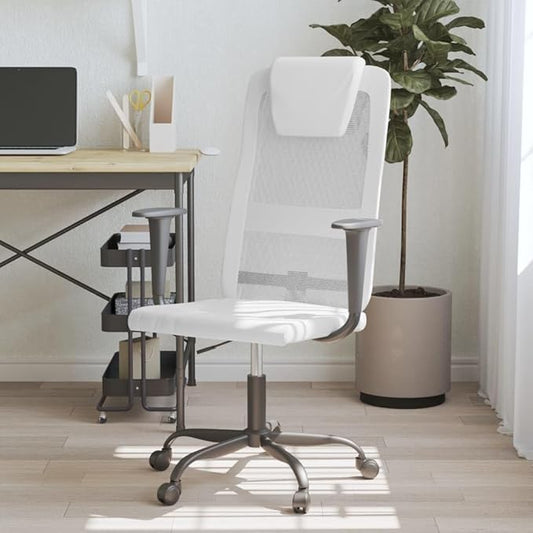 White Office Chair with Height Adjustment and 360-Degree Swivel, Breathable Mesh Back and Faux Leather Seat Cushion for Comfort, Ergonomic Support for Home Office or Living