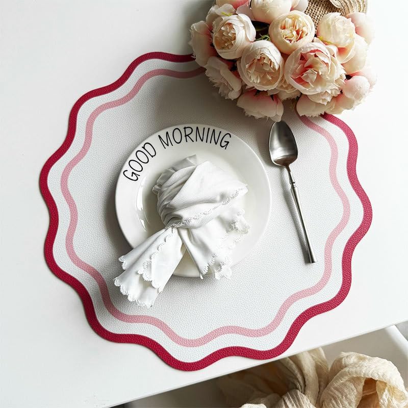 Printed Flower Shape Leather Placemat Insulated Table Mat for Kitchen Dining Table Striped Waterproof Heat-Resistant Plate Mat (Flowers Red 2,34cm Round)