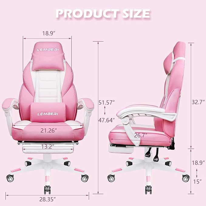 LEMBERI Pink Gaming Chair with footrest, Kawaii Cute Pink Gamer Chair for Girl,Girls Video Game Chairs,Computer Gaming Chair with Headrest and Lumbar Support