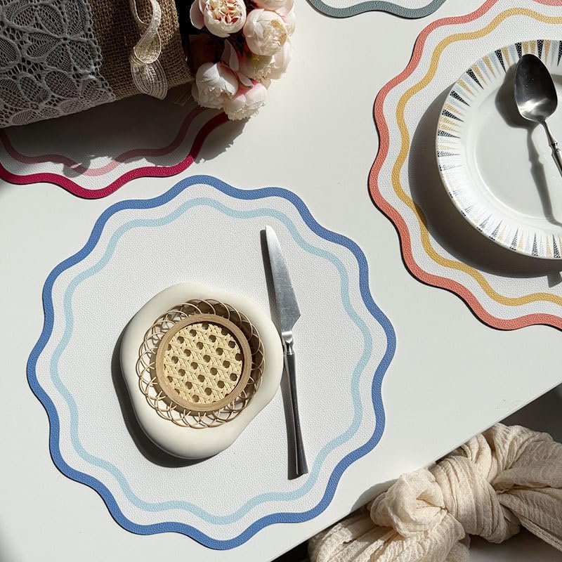 Printed Flower Shape Leather Placemat Insulated Table Mat for Kitchen Dining Table Striped Waterproof Heat-Resistant Plate Mat (Flowers Light green1,34cm Round)