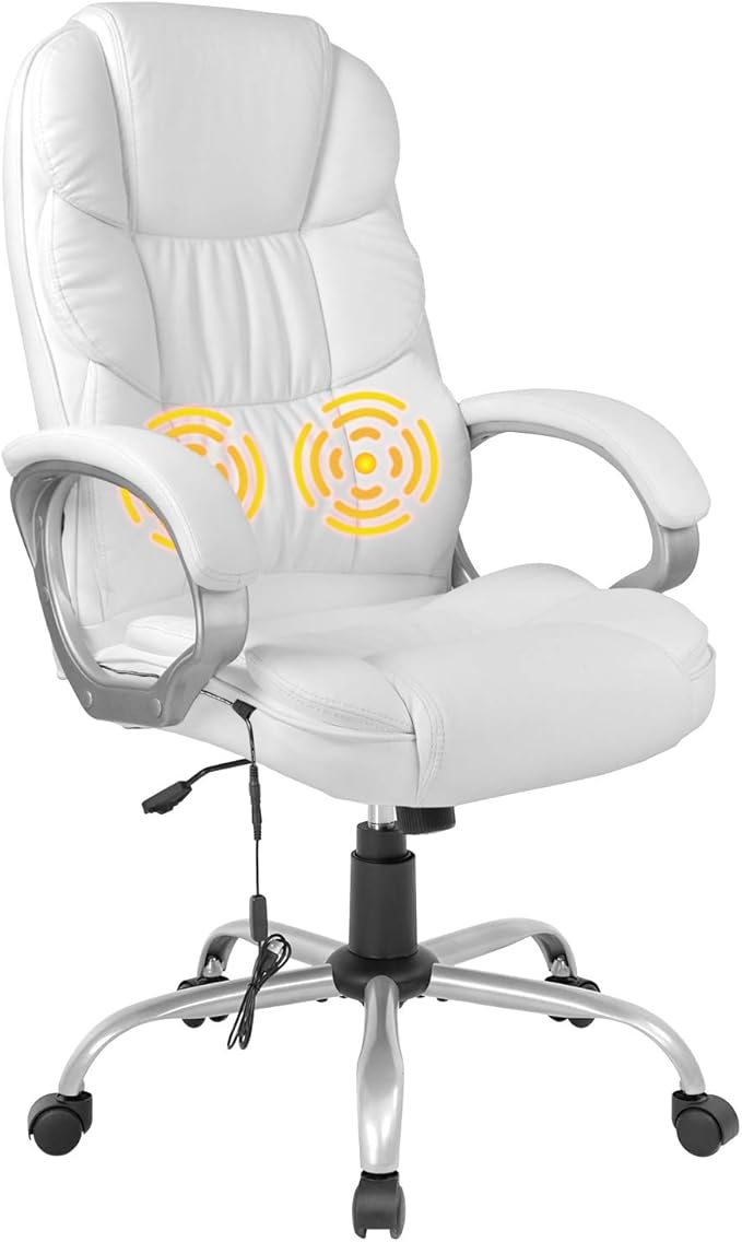 BestOffice Ergonomic White Faux Leather Executive Chair with Lumbar Support, Massage Vibration, Swivel, and Armrests for Home or Office Use