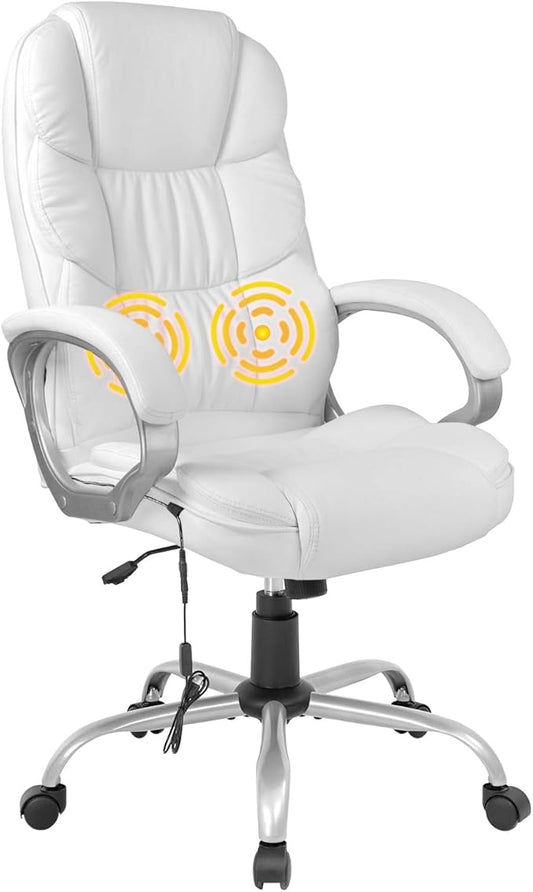 BestOffice Ergonomic White Faux Leather Executive Chair with Lumbar Support, Massage Vibration, Swivel, and Armrests for Home or Office Use