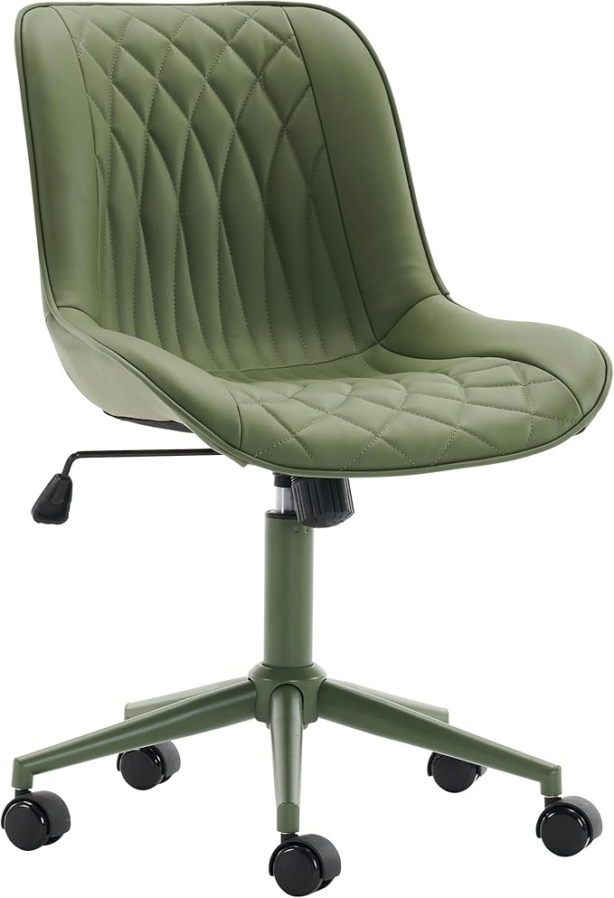 YOUNIKE Olive Green Faux Leather Ergonomic Office Chair Armless Comfy Desk Chair with Rocking Back Cute Swivel Vanity Chair with Wheels Height Adjustable Small Computer Task Chair for Sewing Drafting