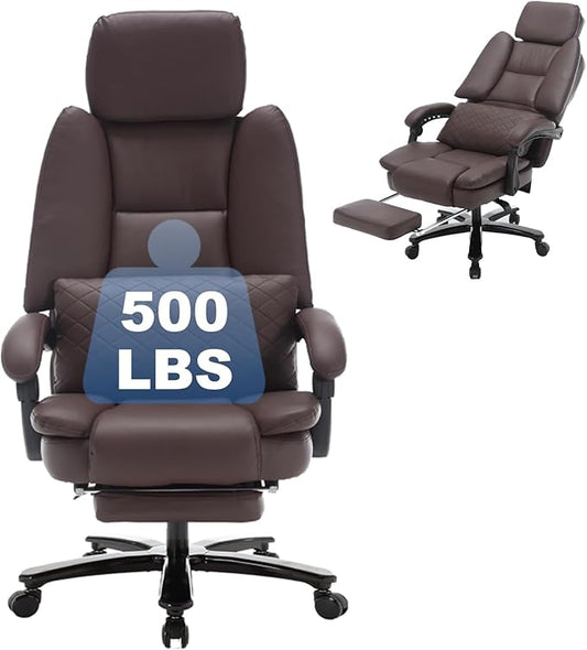 500lbs Plus Size Office Chair with Lumbar Support, PU Leather Big and Tall Heavy Duty Reclining Office Desk Chair with Foot Rest, Brown