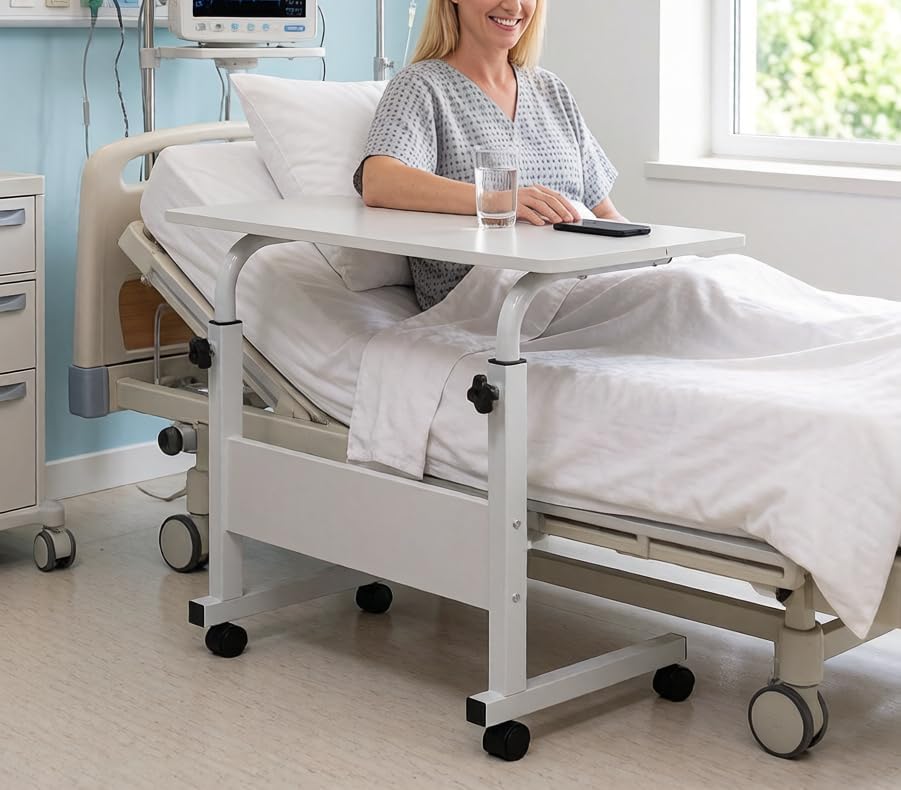 Standing Desk - Side Table Adjustable Height, Portable Laptop Cart, C-Shaped Bed Couch end Tables with Edge Stopper - Wheels for Living Room Bedroom Walking Pad Treadmill 31.5Inch White