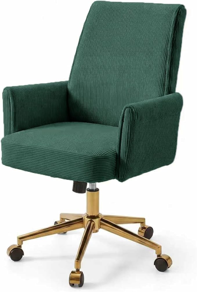 Stripes Velvet Home Office Desk Chair, Accent Upholstered Modern Height Adjustable Swivel Chair with Wheels,Ergonomic Task Chair for Living Room,Bedroom,Vanity,Study,Office（Green）