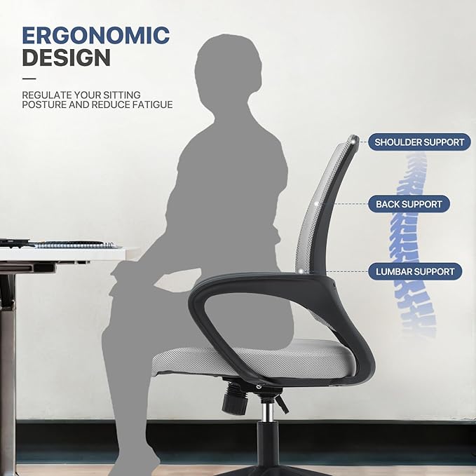 MoNiBloom Mesh Office Chair, Ergonomic Computer Chair for Adults, Rolling Swivel Mid-Back Desk Chair with Lumbar Support, Comfy Armrest for Home Office, Gaming, Light Gray