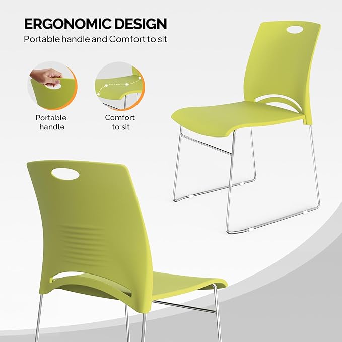 VINGLI Stacking Chairs Set of 4 Stackable Office Chairs with Metal Sled Base, Ergonomic Plastic Seat, Stacking Chairs for Waiting Room Break Room Banquet Guest, Green