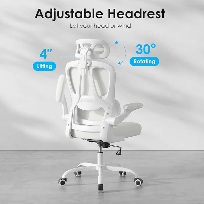 Breathable All-Mesh Ergonomic Chair with Headrest - High Back Desk Chair for Cool, Sweat-Free Work Sessions, Silent Casters Perfect for Bedroom Office (Beige)