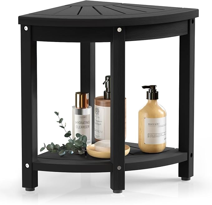 Waterproof Corner Shower Stool for Inside Shower, Poly Lumber Shower Bench Seat Chair, Bath Shower Stool for Shaving Legs Foot Rest with Storage Shelf, Adjustable & Non-Slip Feet, Black