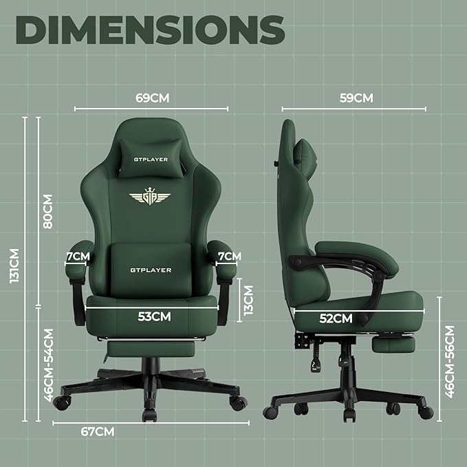 GTPLAYER Gaming Chair with Pocket Spring Cushion, Big and Tall Gamings Chairs 350LBS High Back Computer Chair with Footrest for Adults Lumbar Support Swivel Game Chair for Office, Leather Green
