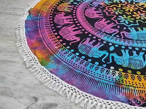 Round Beach Tapestry Turquoise Mandala Throw/Boho Hippie Beach Blanket Roundie/Indian Cotton Bohemian Large Round Table Cloth-Home Decor/Yoga Mat Meditation Picnic Rug (70", Multi Color)