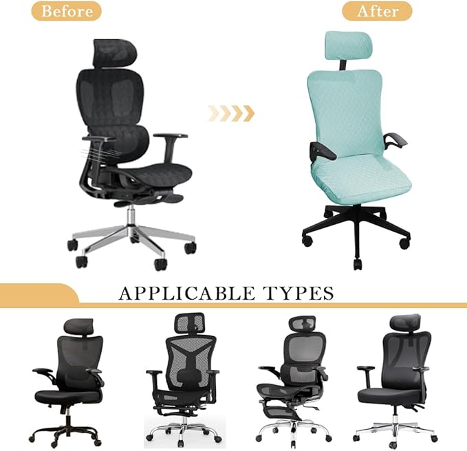 Ergonomic Office Chair Covers Set with Headrest Cover Stretch Desk Computer Chair and Headrest Slipcovers Washable Protector Slipcovers for Swivel Computer Chair 4 Pieces Elegant Blue