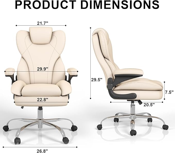 Office Chair, Home Desk Chair, Ergonomic Computer Chair with Lumbar Support, Executive Leather Chair with Flip-Up Armrests, Big and Tall Swivel Rolling Chair, Beige