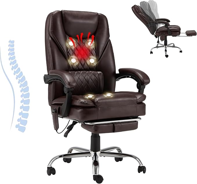 HOMREST 6-Point Massage Office Chair,Heated Executive Ergonomic Home Office Desk Chair with Foot Rest Retractable Height Adjustable Armrest & Lumbar Support PU Leather Brown
