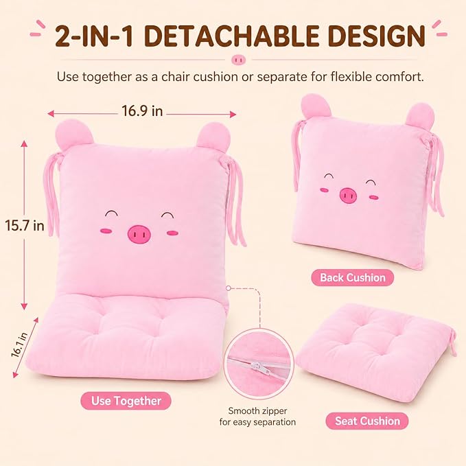 ChezMax Chair Cushion Plush Seat Cushion Back Cushion with Ties, Detachable Thickened Desk Chair Pads, Cartoon Waist Pillow Cushion Decor for Chair Car Office Patio Wheelchair, Cartoon Pig