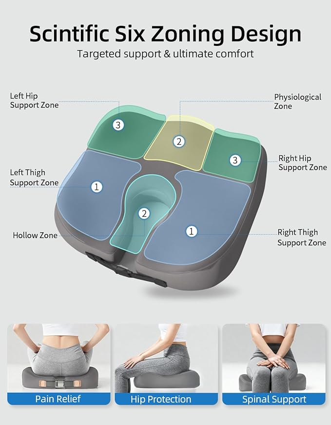 Extra Dense Orthopedic Seat Cushion, Ergonomic Memory Foam Seat Cushion for Office Chair，Desk Chair，Car，Wheelchair, Tailbone Hip Sciatica Pain Relief Cushion for Long Sitting（Grey）