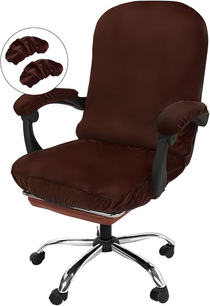 NeColorLife Velvet Office Chair Cover with Armrest Covers - Stretchable High Back Desk Computer Chair Slipcover for Large Rotating Boss Chairs (Large,Brown)