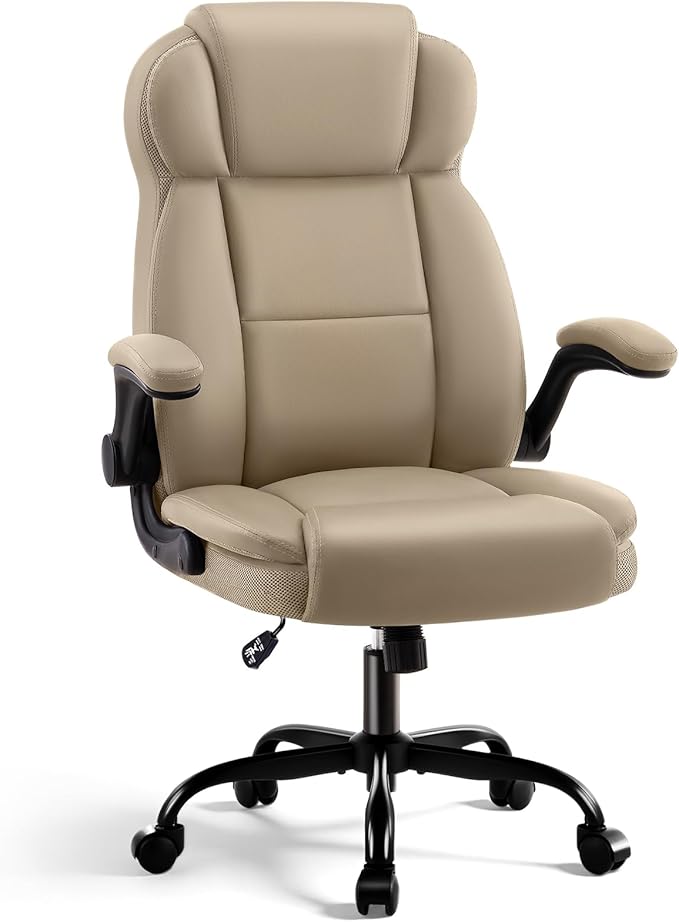 AreShark Ergonomic Office Chair with High Back Headrest,PU Leather Executive Desk Chair Padded Flip-Up Armrests,Lumbar Support,Swivel Computer Chair for Home Office & Gaming, Khaki
