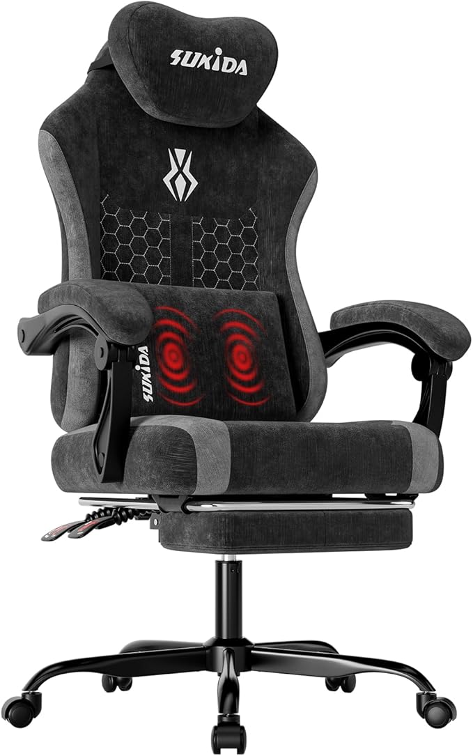 SUKIDA Fabric Video Gaming Chair, Ergonomic High-Back Computer Game Chairs with Large Massage Adjustable Lumbar Support, Headrest and Linked Armrests for Long Hours Sitting Task Chair, Black