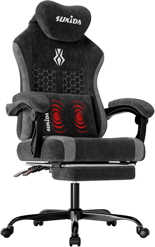 SUKIDA Fabric Video Gaming Chair, Ergonomic High-Back Computer Game Chairs with Large Massage Adjustable Lumbar Support, Headrest and Linked Armrests for Long Hours Sitting Task Chair, Black
