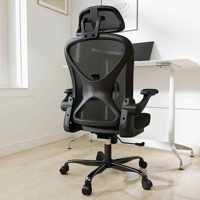 Ergonomic Mesh Office Chair, Home Computer Chair with Flip-Up Armrests, Adjustable Lumbar Support and Headrest, Height Adjustment, Smooth Casters, and 360° Swivel, Black