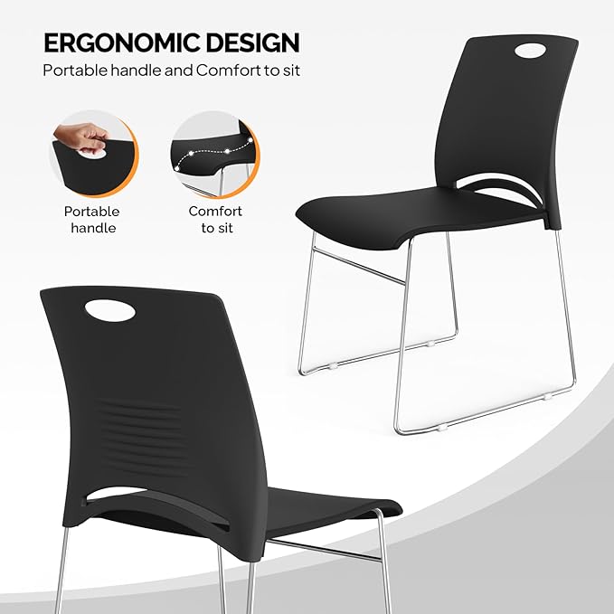 VINGLI Stacking Chairs Set of 4 Stackable Office Chairs with Metal Sled Base, Ergonomic Plastic Seat, Stacking Chairs for Waiting Room Break Room Banquet Guest, Black