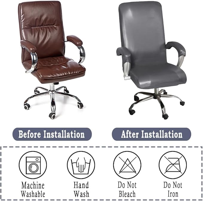 ITFRO Waterproof Office Chair Cover with Armrest Covers Grey PU Leather Computer Desk Chair Cover with Zipper Universal Rotating Gaming Chair Slipcover High Back Chair Seat Protector (Grey)