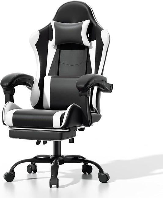 Athena Collection Gaming Chair, Ergonomic Gaming Chair with Footrest & Headrest Lumbar Support, Height Adjustable Swivel Computer Chair Office Chair for Kids Adults(White)