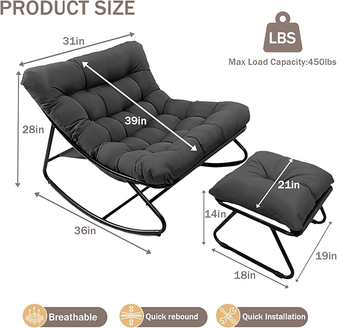 Outdoor Rocking Chair, Rocking Chair with Foot Rest, Comfy Rocker Chairs with Thick Cushion and Frame, Mecedora for Balcony, Living Room, Patio (Grey.)
