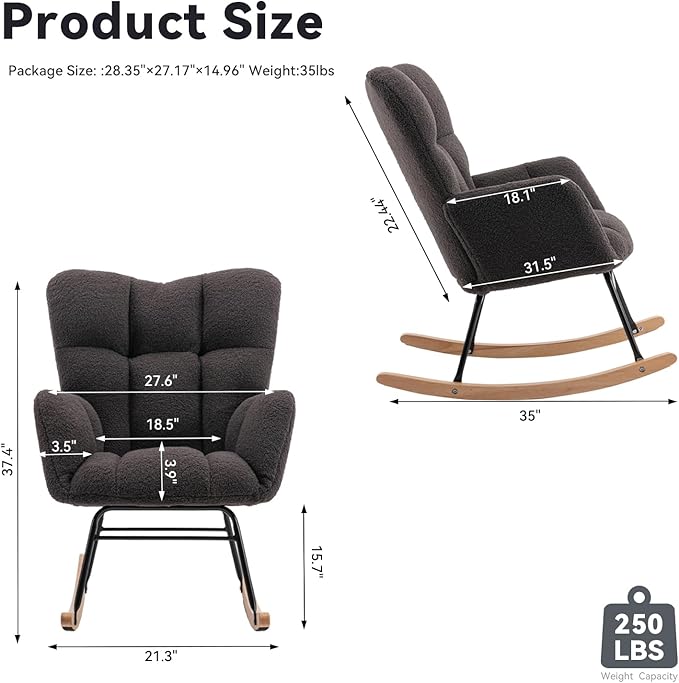 FOXHUNTER Rocking Chair Nursery Teddy Upholstered Glider Rocker High Backrest Nursery Rocker Comfortable Stylish Accent Armchair for Living Rooms Bedrooms Offices (Teddy Dark Gray)